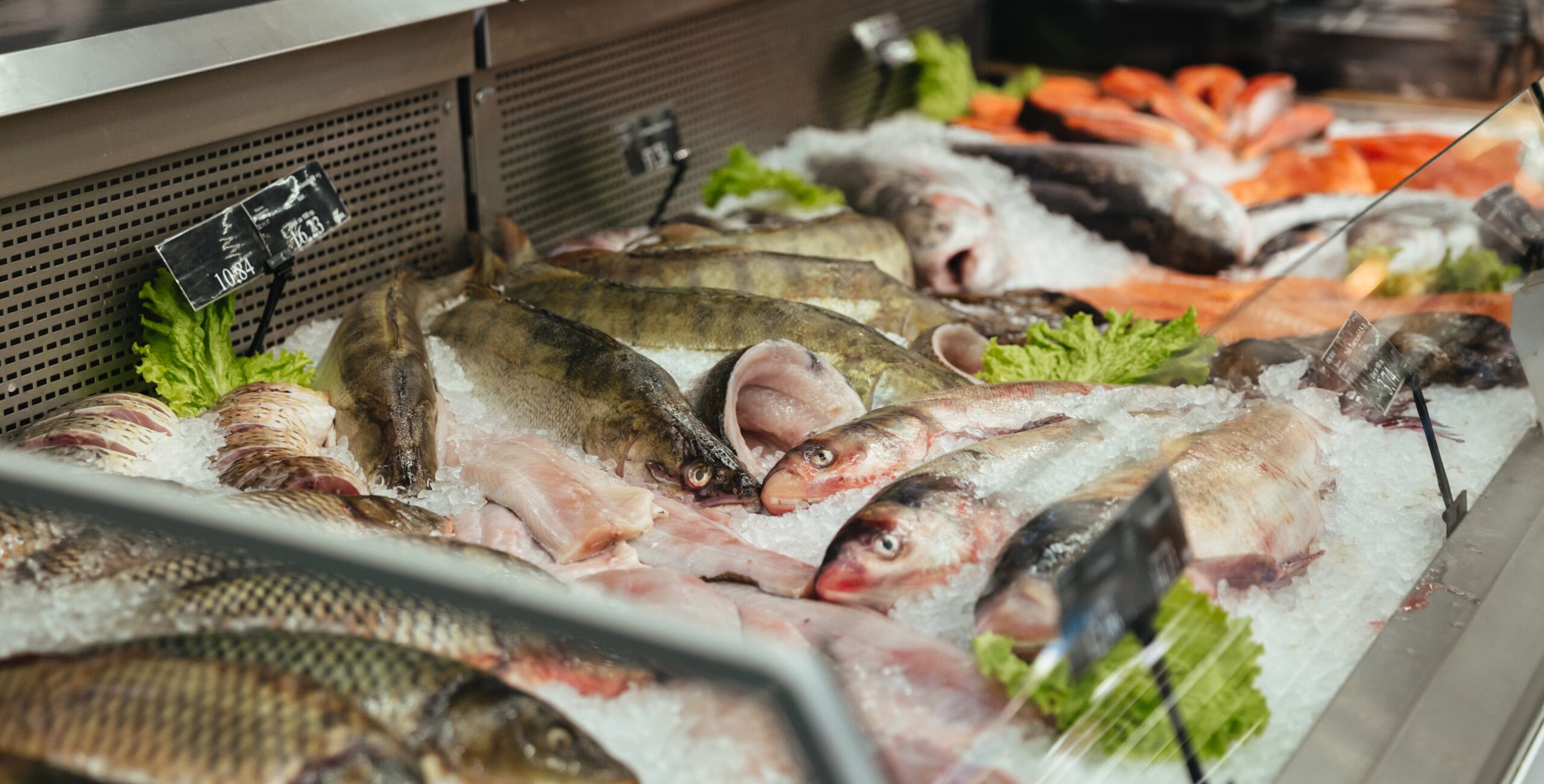 Showcase with raw fish at the supermarket